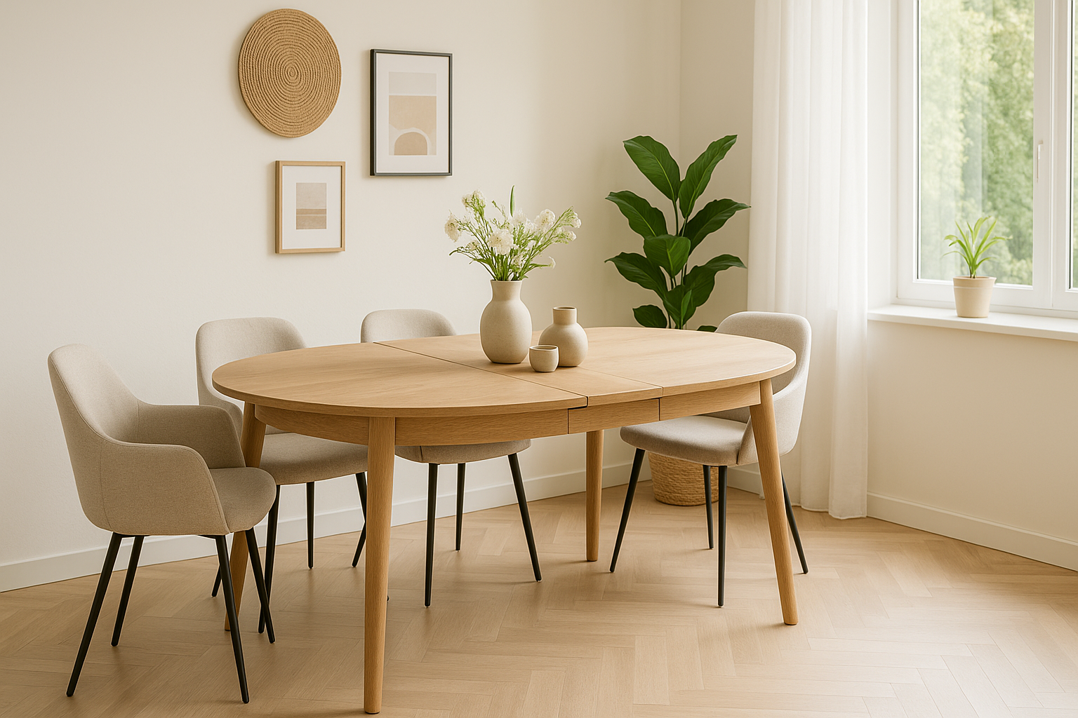 eettafel uitschuifbaar rond van hout in een lichte en moderne eetkamer.