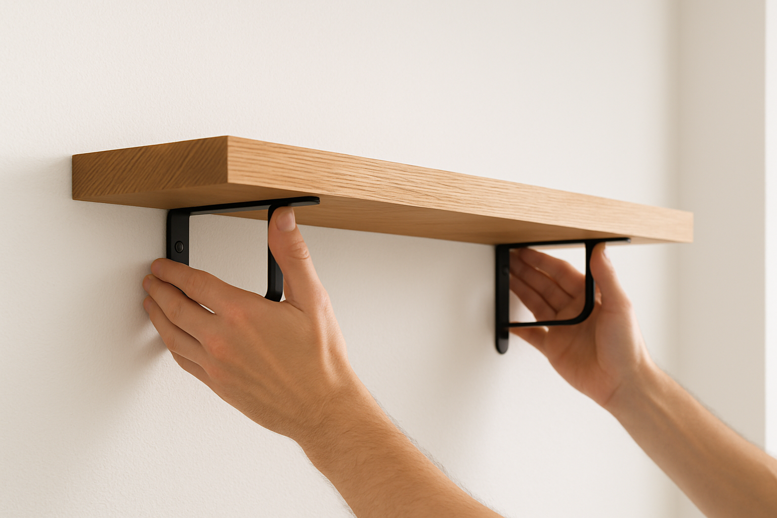 2 handen die een 100 cm wandrek/wandplank van mangohout ophangen an een muur.