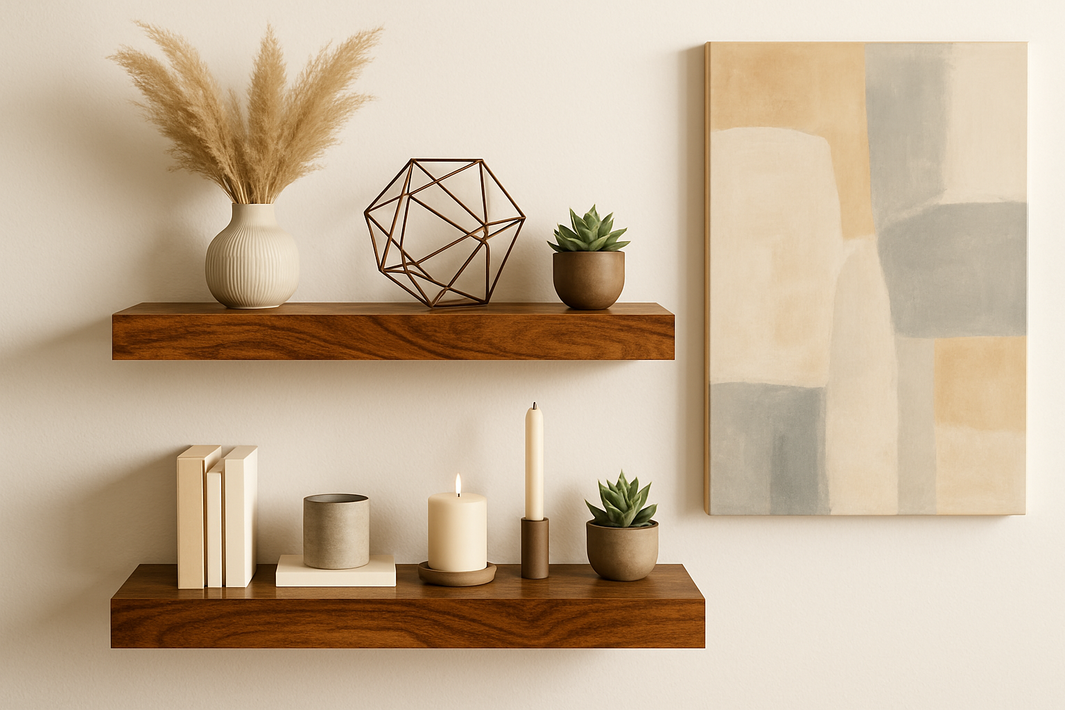 2 houten zwevende wandplanken van mangohout met moderne decoraties erop en een schilderij ernaast.