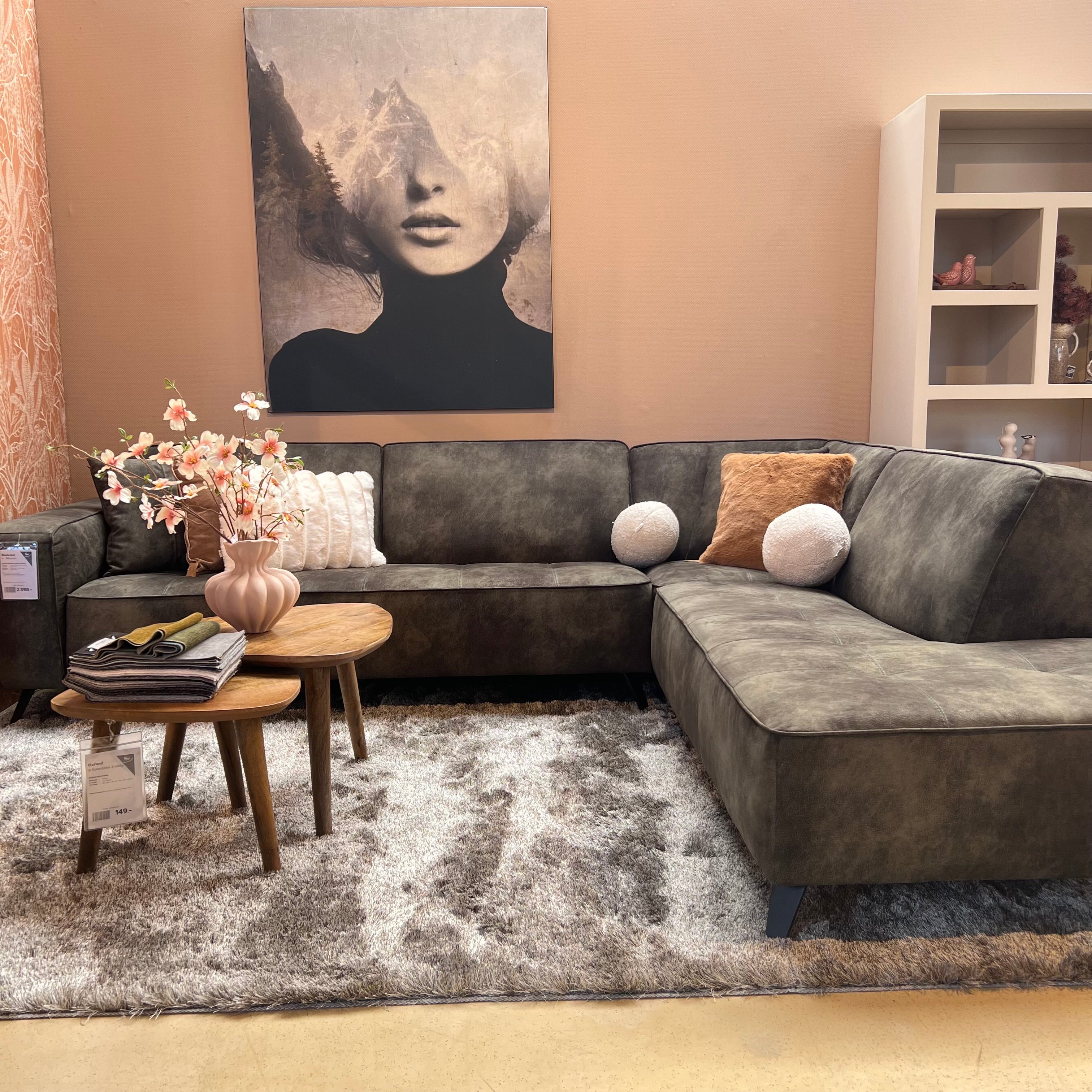 Trendy meubelen Friesland moderne woonkamer met een groene bank en beige muren.