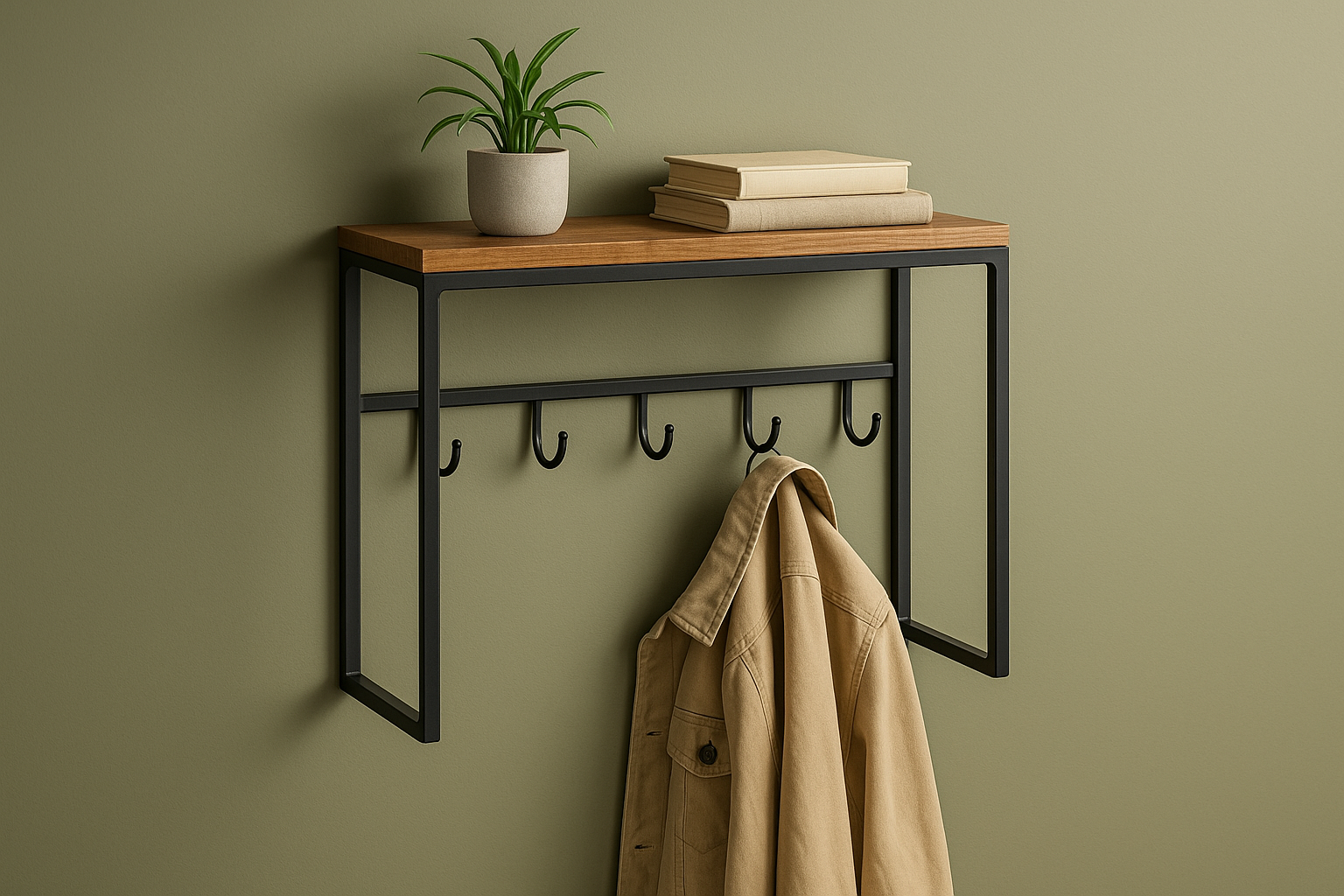 een zwarte metalen en houten hoedenplank kapstok op een olijfgroene muur, op de plank staan een paar boeken en een plant, en een jas hangt aan de kledinghanger.
