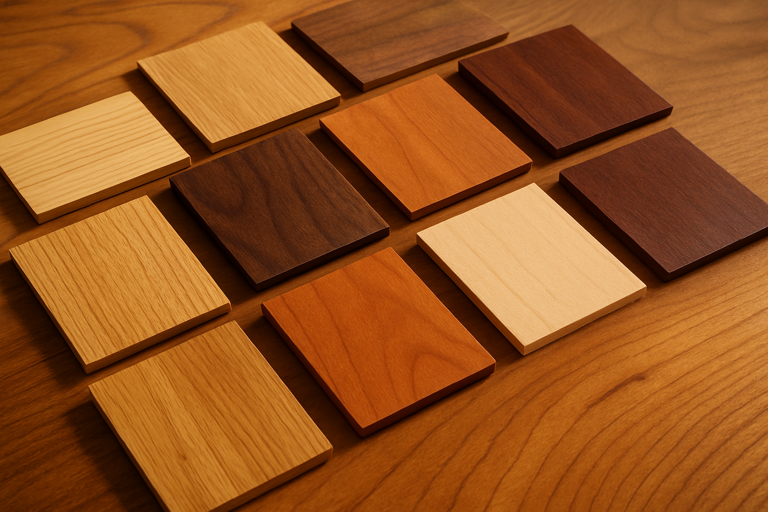 Een close-up van een houten tafel met verschillende houtstalen erop verspreid.