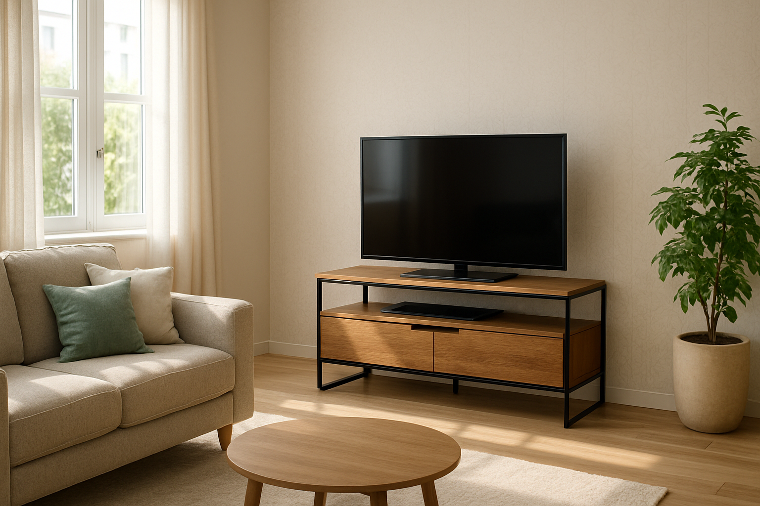 een comfortabele moderne woonkamer met daglicht, de focus ligt op de compacte mangohout tv-meubel tegen de muur die modern is en gemaakt van hout en zwart metaal, er staat een tv op. De muur achter de tv-standaard heeft een subtiel patroonbehang.
