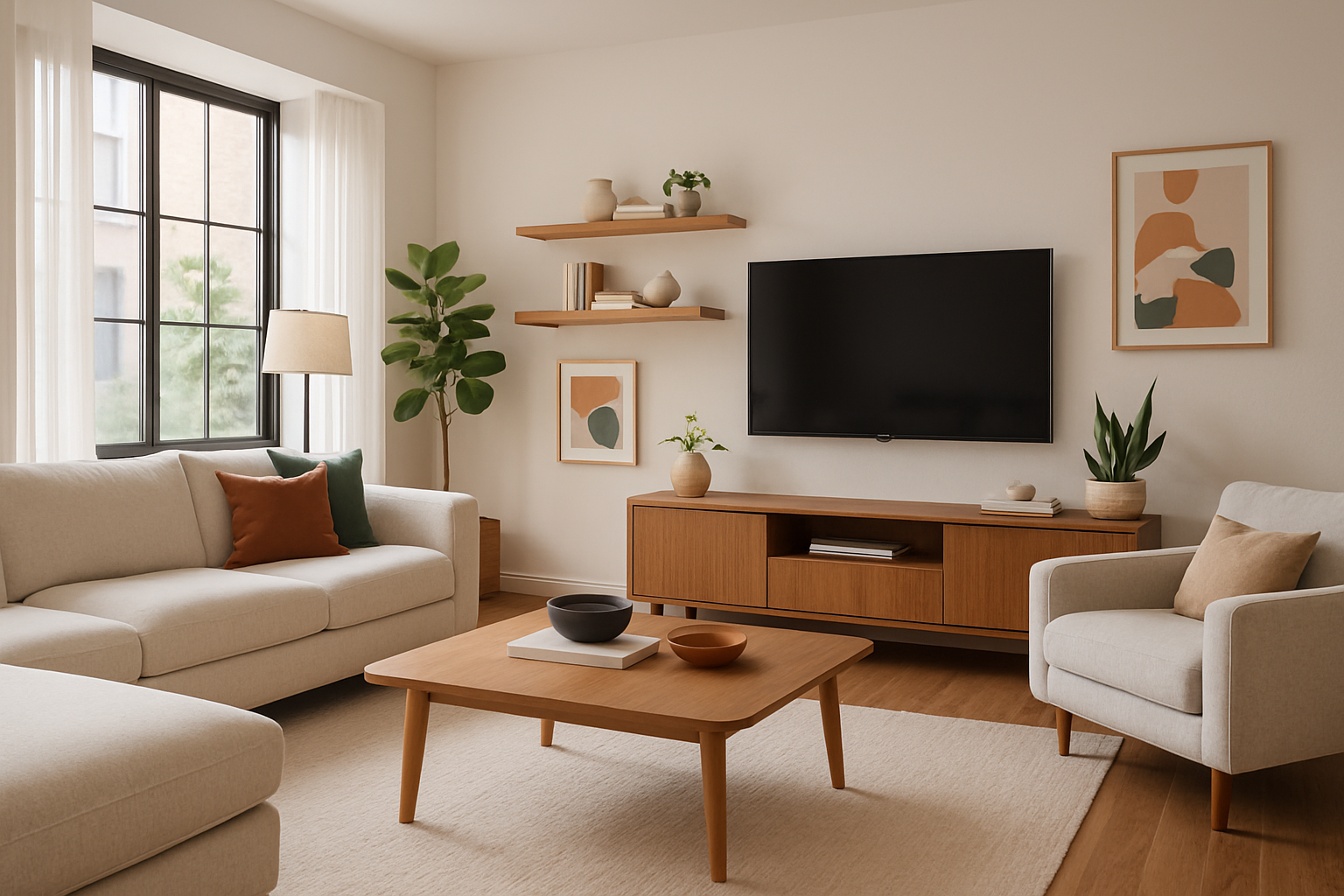 Een trendy woonkamer met comfortabele banken en houten meubels met een mangohout tv meubel.