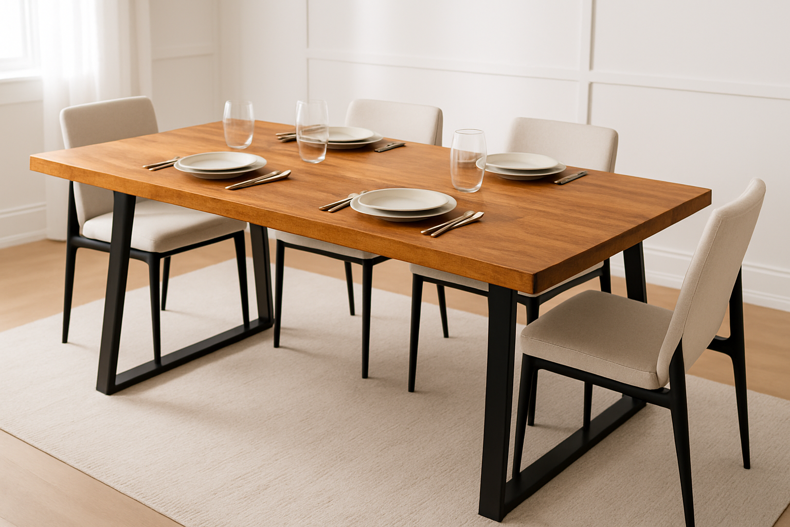 Een eettafel van magohout met zwarte metalen poten en vier moderne stoelen eromheen. De tafel is gedekt.