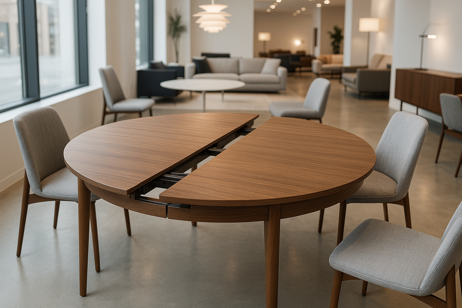 een uitschuifbare ronde tafel in een showroom met modern meubilair.