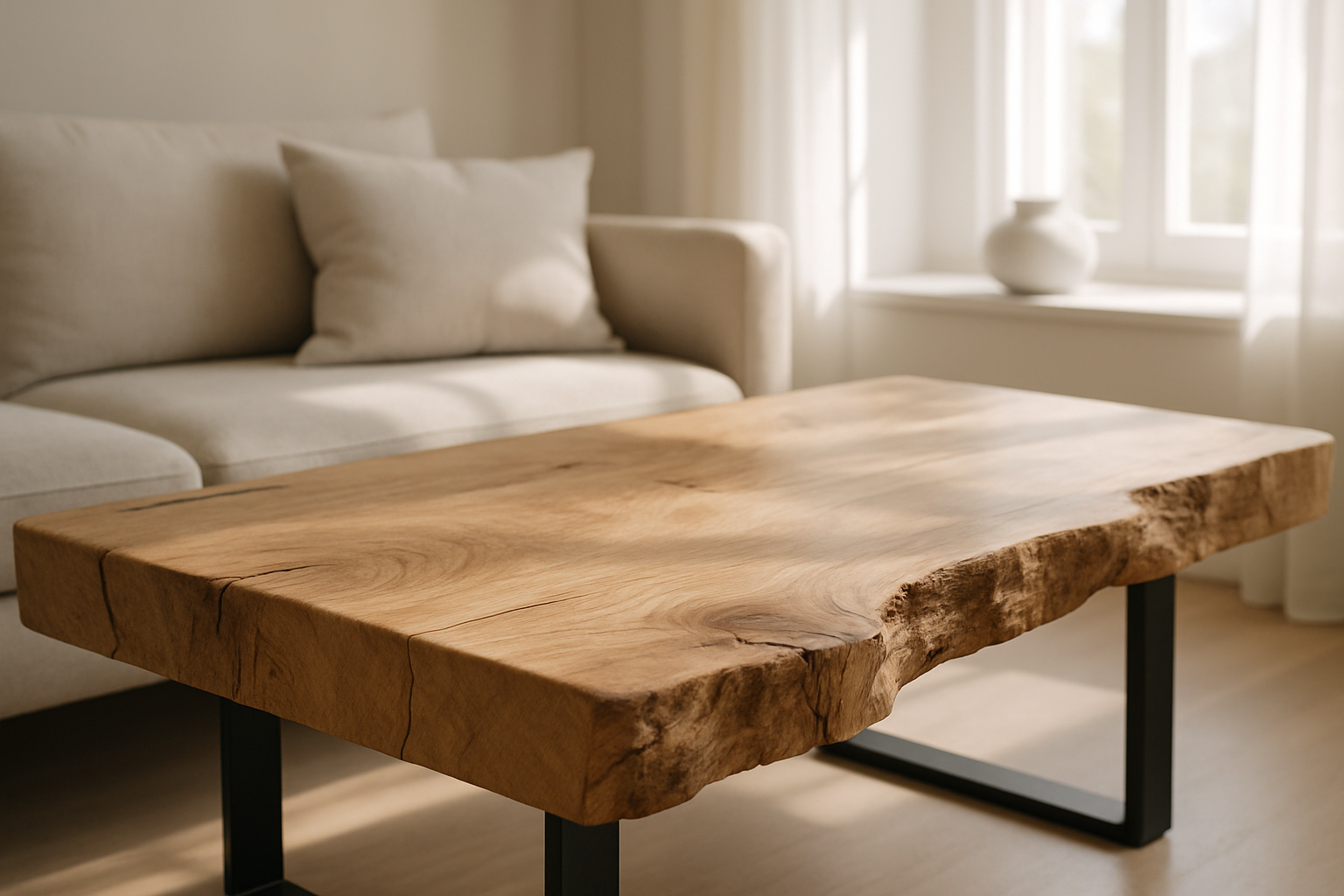 Robuuste houten salontafel met ruwe zijkanten en zwarte metalen poten in een wit modern interieur met een zachte bank er achter naast een raam.