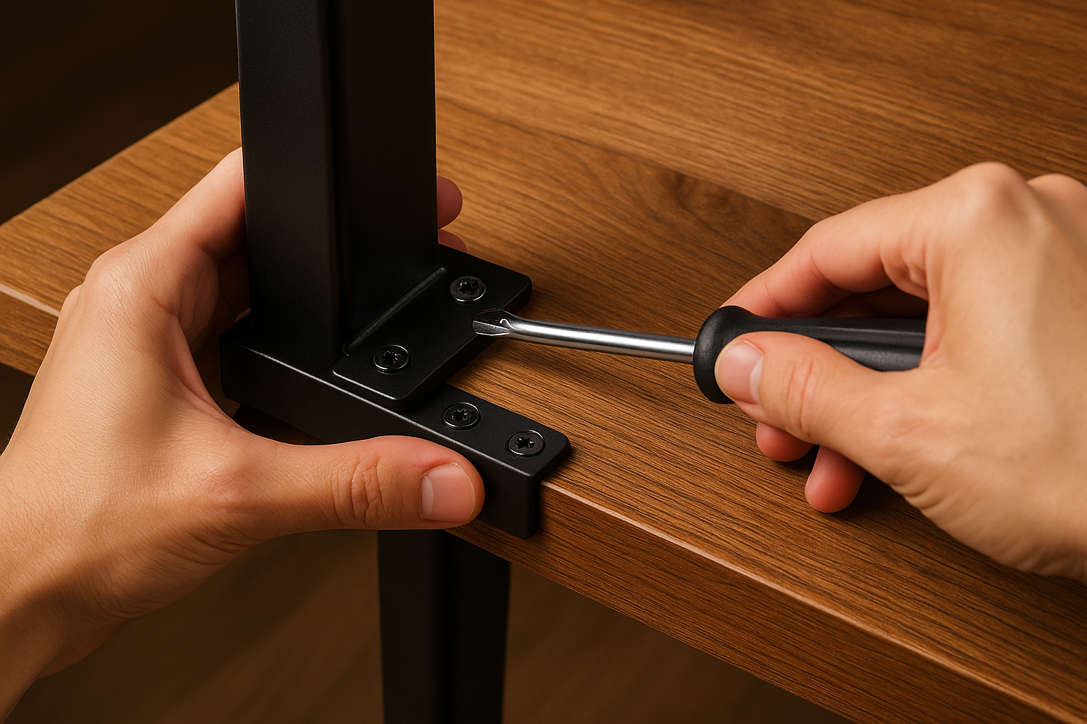 close up of the bottom of a dining table where the black metal leg of the table is betting screwed on