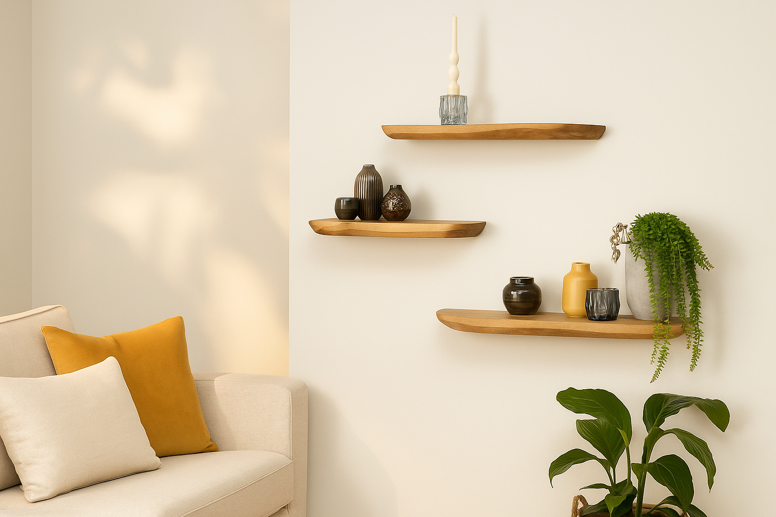 Drie eikenhouten wandplanken met ruwe rand, gestyled met keramische vazen, kaars en planten, in een lichte Scandinavische woonkamer met beige bank en mosterdgele kussens.
