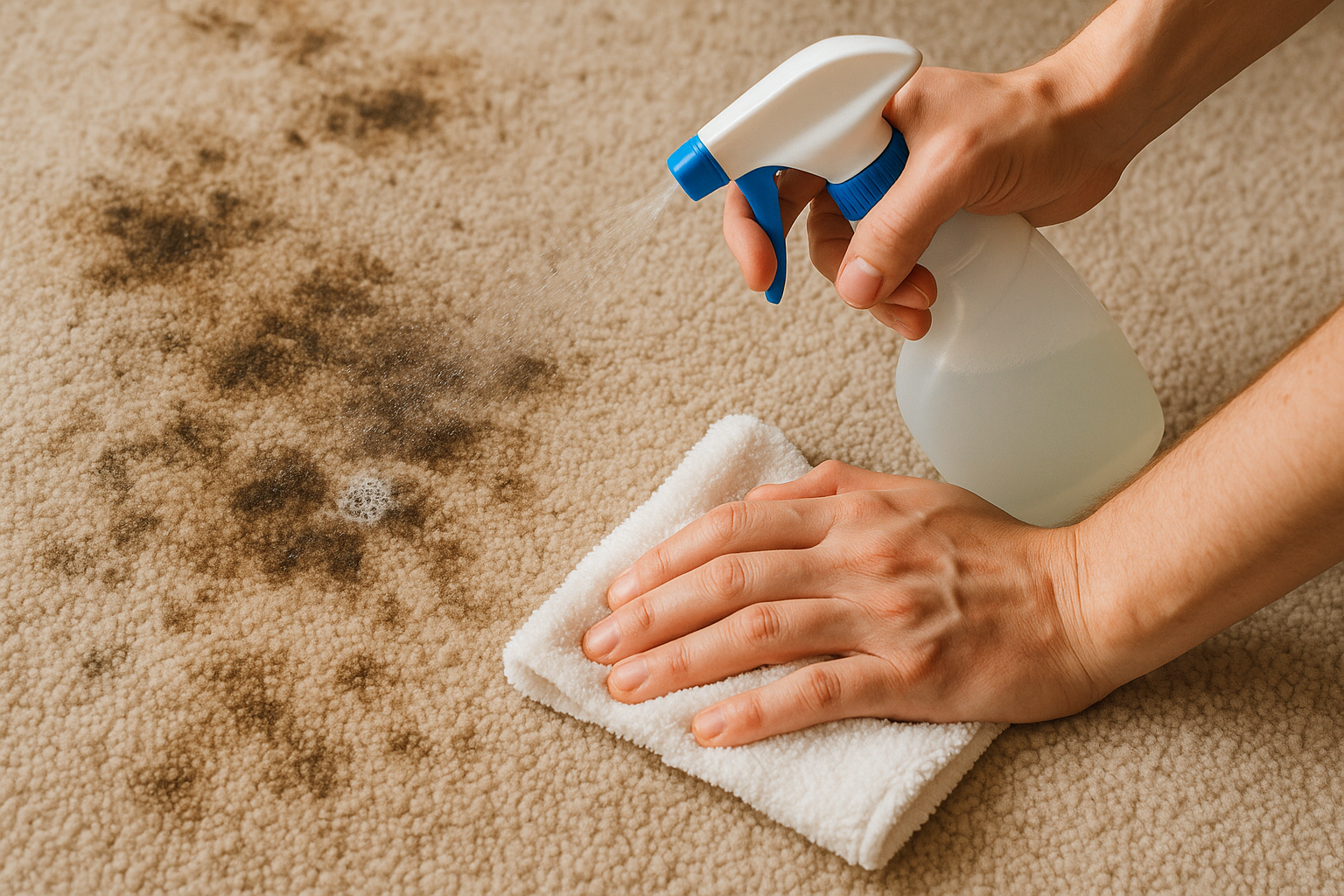 Vloerkleed dat schoongemaakt wordt door een doek en een spray met een hand erbij die aan het schoonmaken is.