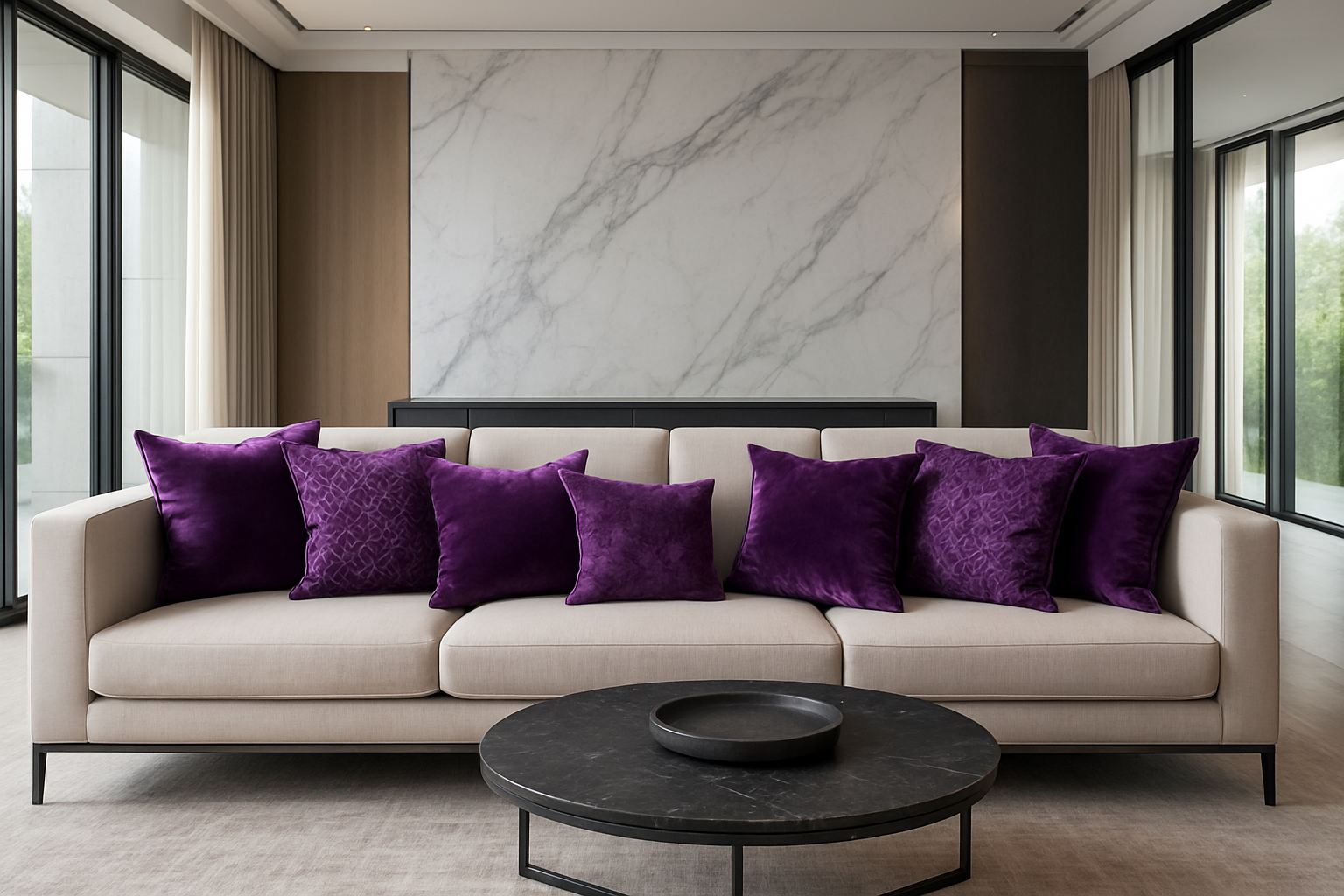 Luxe moderne woonkamer met paarse sierkussens op de bank.