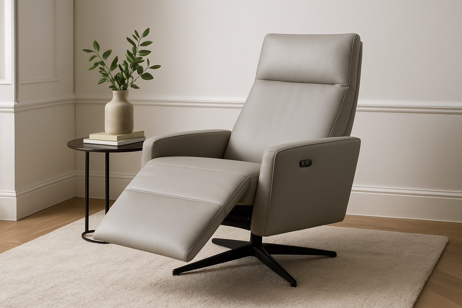 Grijze minimale goedkope elektrische verstelbare fauteuil in een zithoek met rustige decoraties, witte muren, en een zacht vloerkleed.