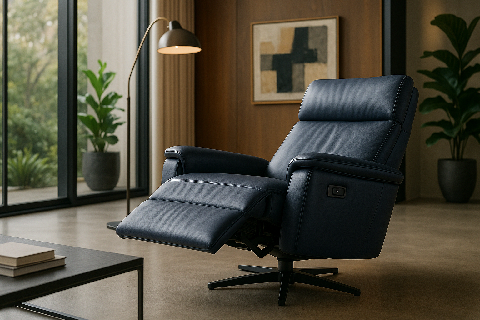 Moderne donker blauwe verstelbare fauteuil in een modern interieur.