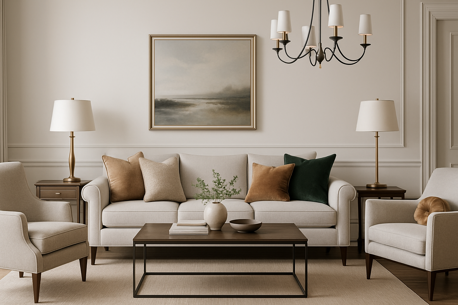 moderne klassieke woonkamer met zowel ronde als vierkante kussens op de bank en stoelen.