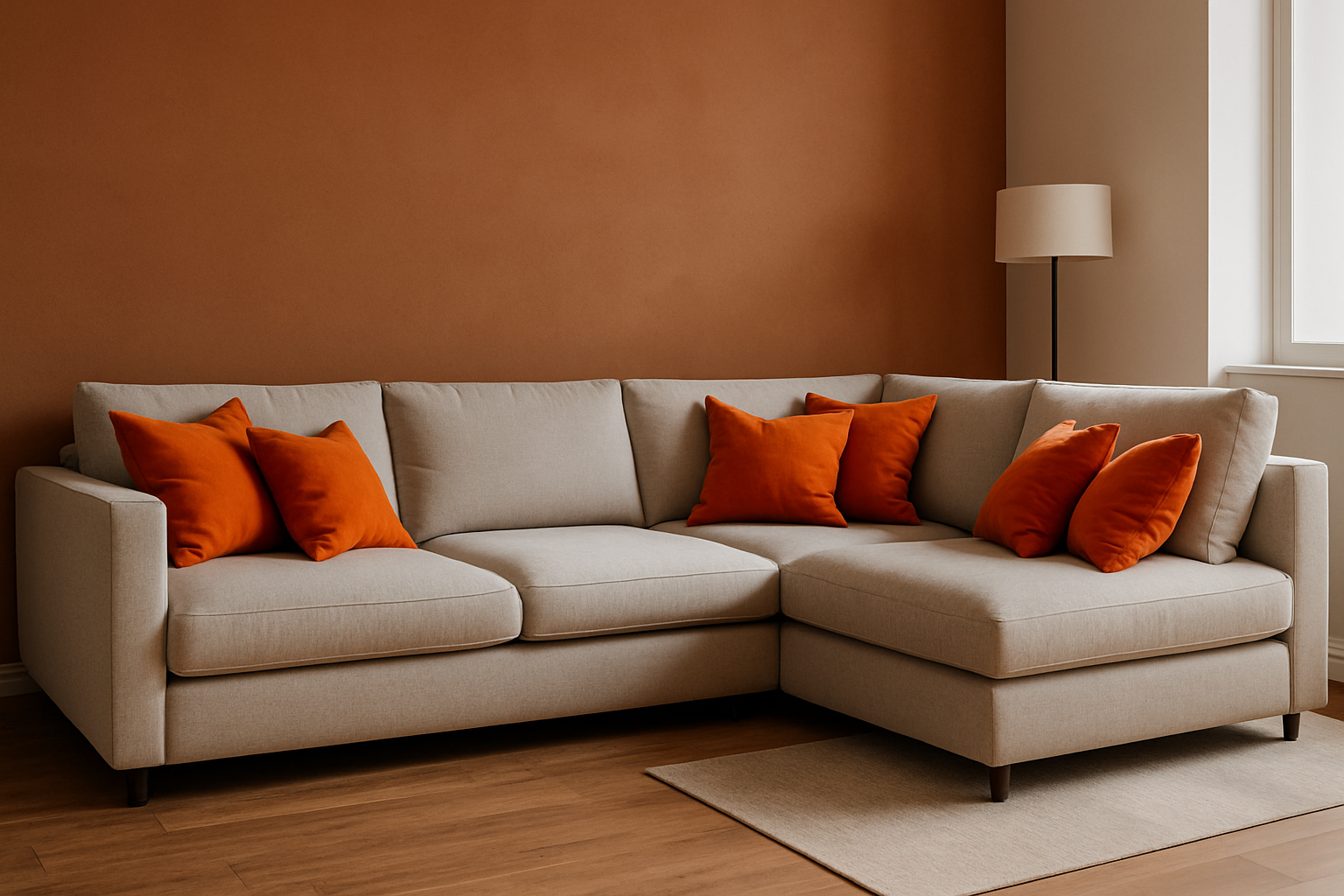Moderne comfortabele hoekbank met oranje sierkussens en een aardse kleur op de accentmuur.
