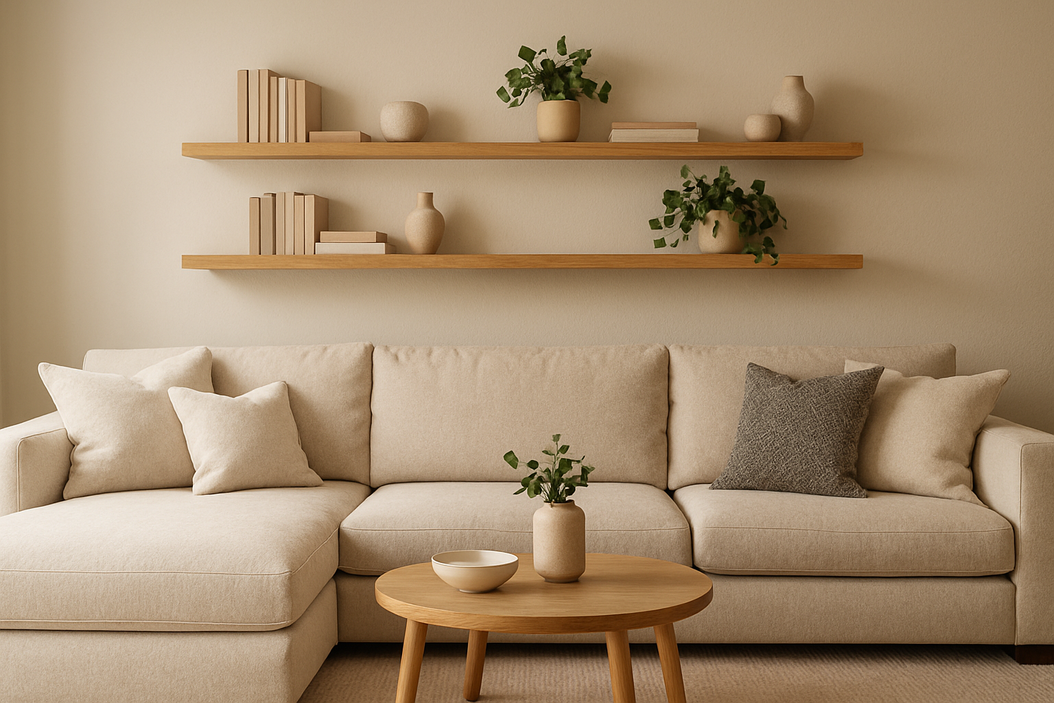 Moderne comfortabele woonkamer met grote bank en 2 lichte houten zwevende wandplanken boven de bank aan de muur.