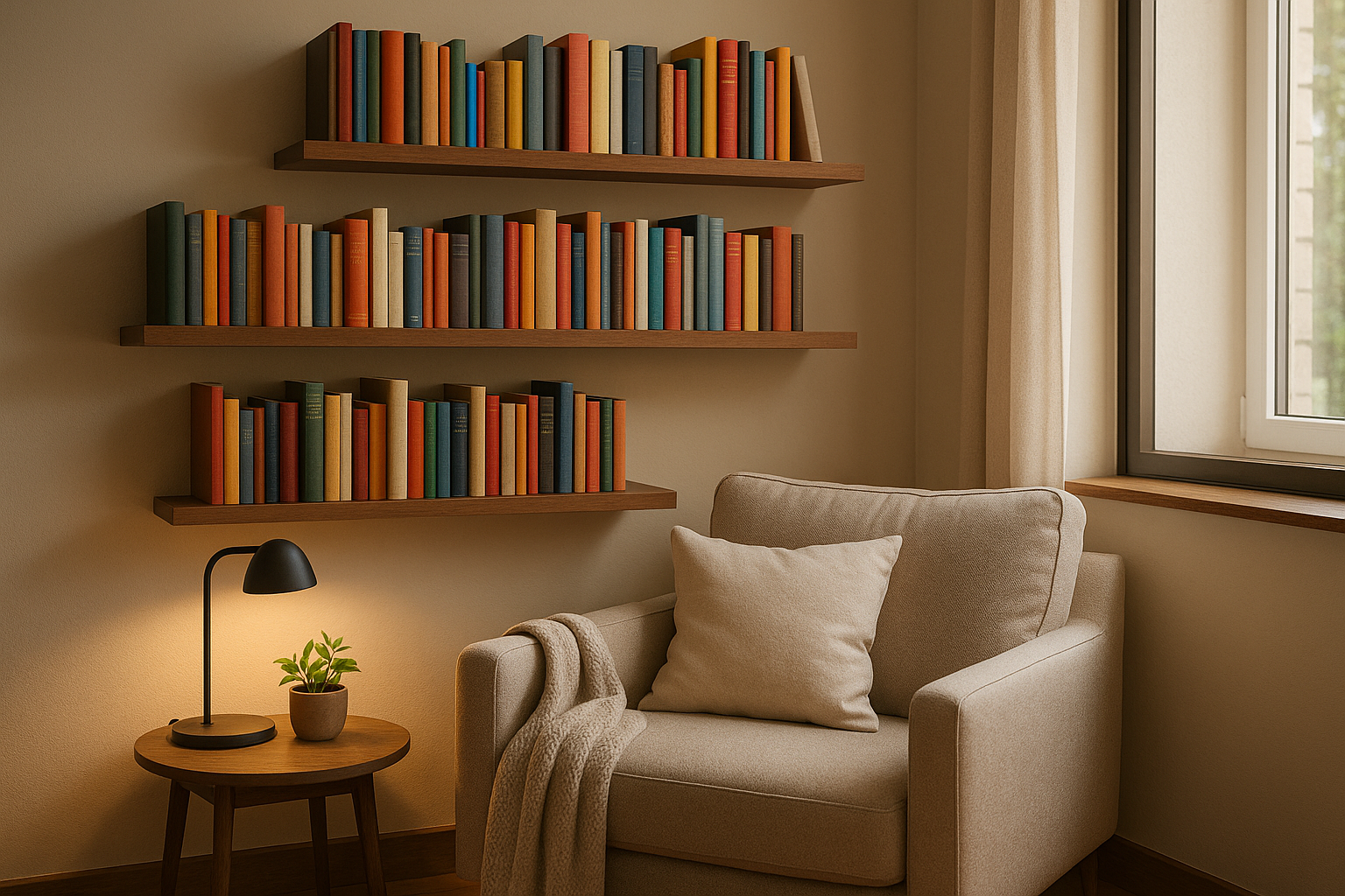 Moderne comfortabele leeshoek met 3 zwevende boekenplank met boeken erop.
