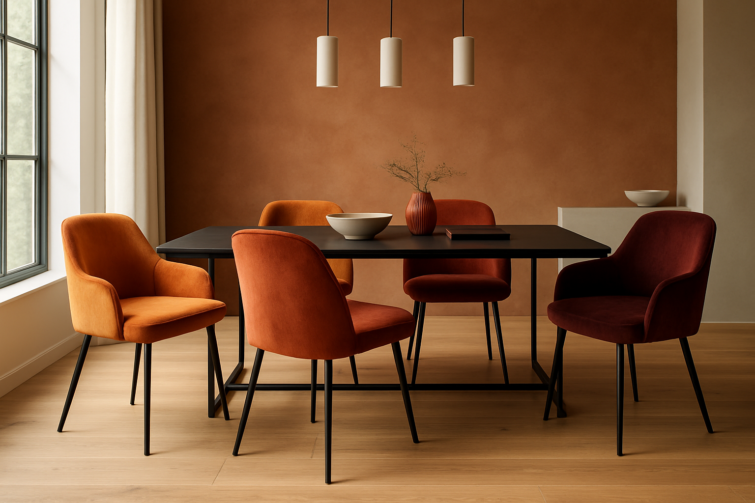 moderne eetkamer met velvet eetkamerstoelen rond een zwarte metalen tafel met een lichte houten vloer en een accentmuur in aardse kleuren.