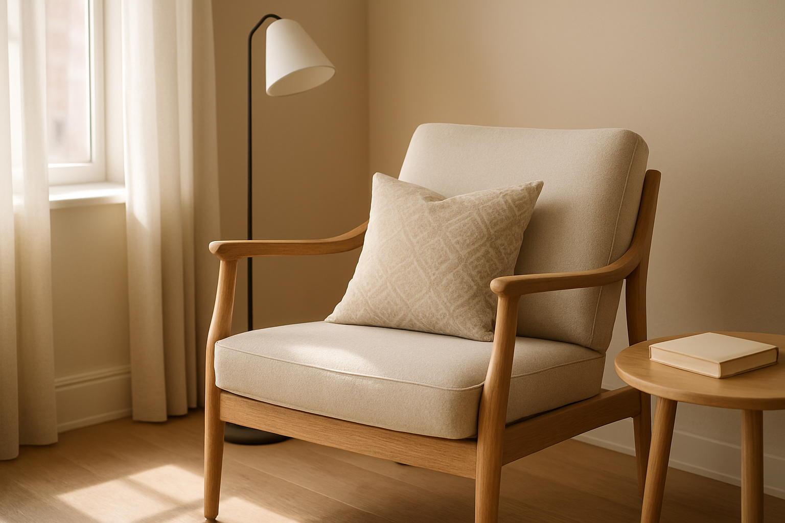 Moderne Europese fauteuil met een beige kussen met patroon erop in een leeshoek met zacht daglicht.
