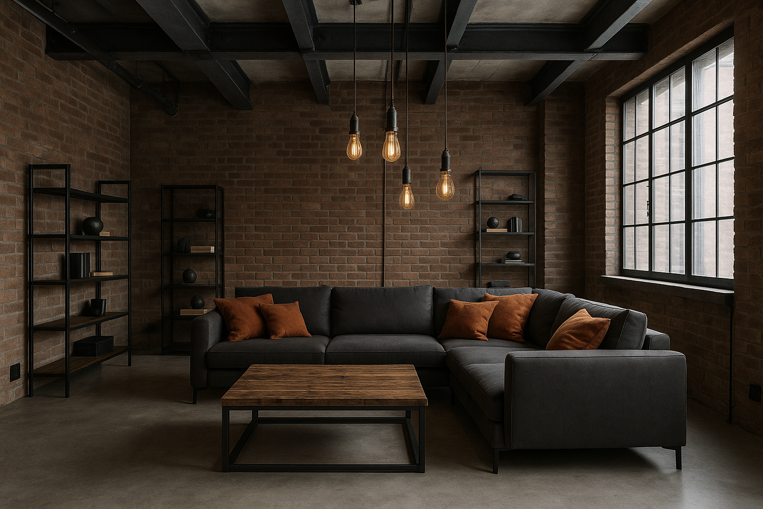 Moderne industriële woonkamer met oranje kussens op de bank.
