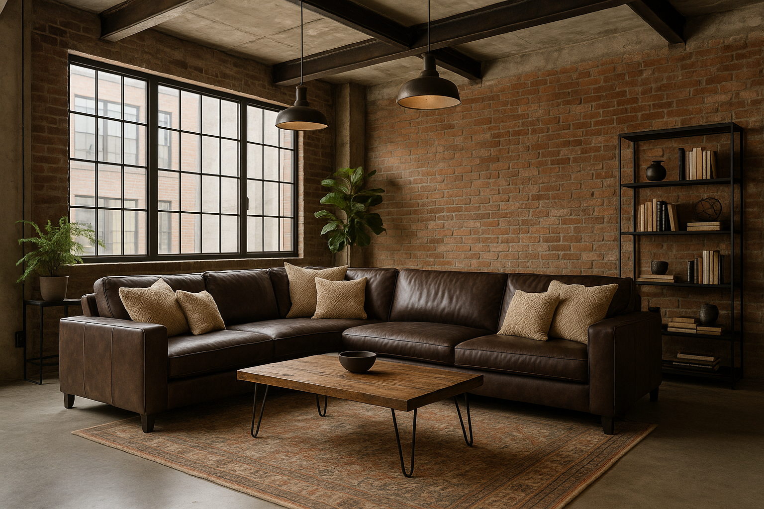 Moderne woonkamer in industriële stijl met een comfortabele leren bank met beige sierkussens.