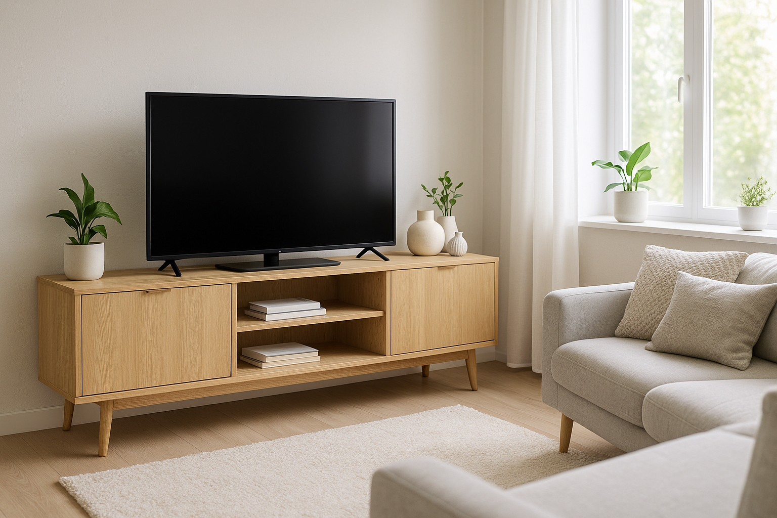 Moderne woonkamer met een tv-meubel in Scandinavische stijl.