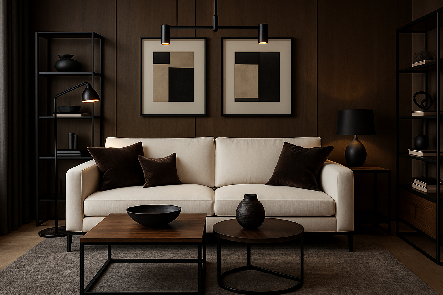 Moderne woonkamer met zwart metaal en donker houten interieur en een witte comfortabele bank met donkerbruine sierkussens erop.