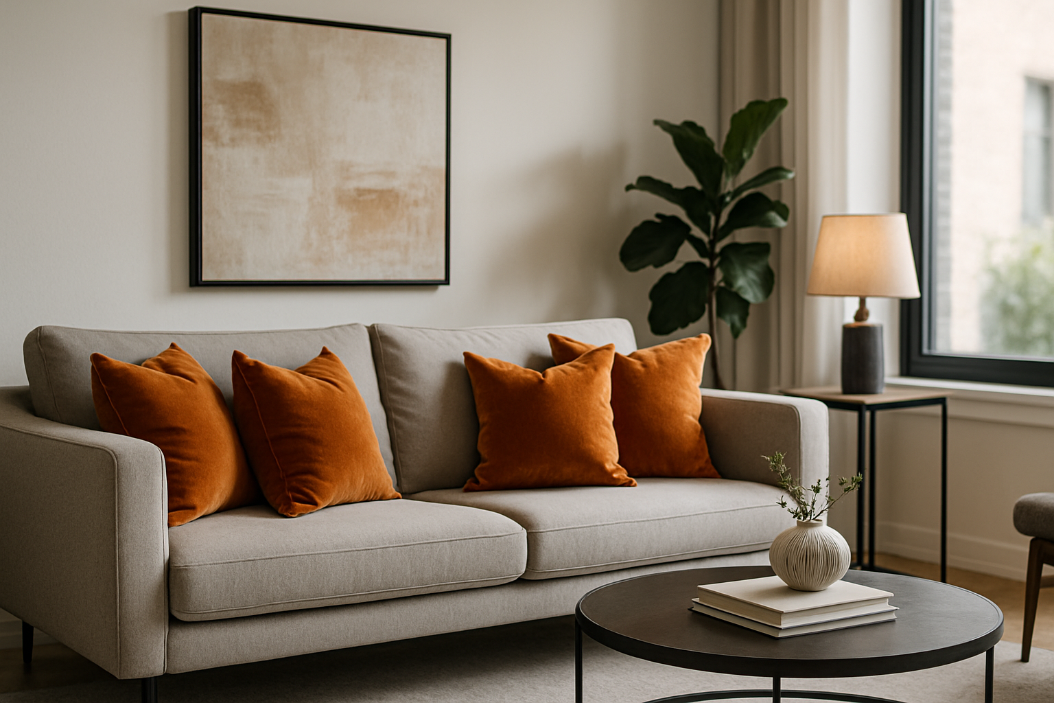 Moderne woonkamer met comfortabele bank en koperkleurige sierkussens erop.