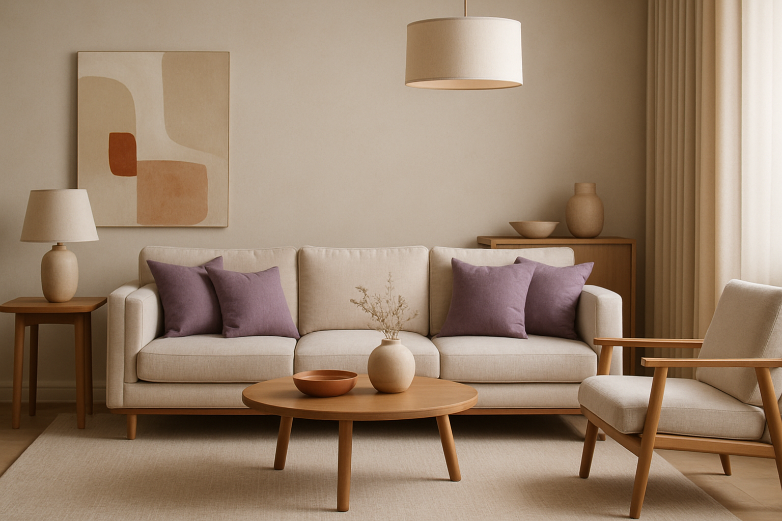 Moderne woonkamer met gedempte warme kleuren en katoenen paarse kussens op de bank.