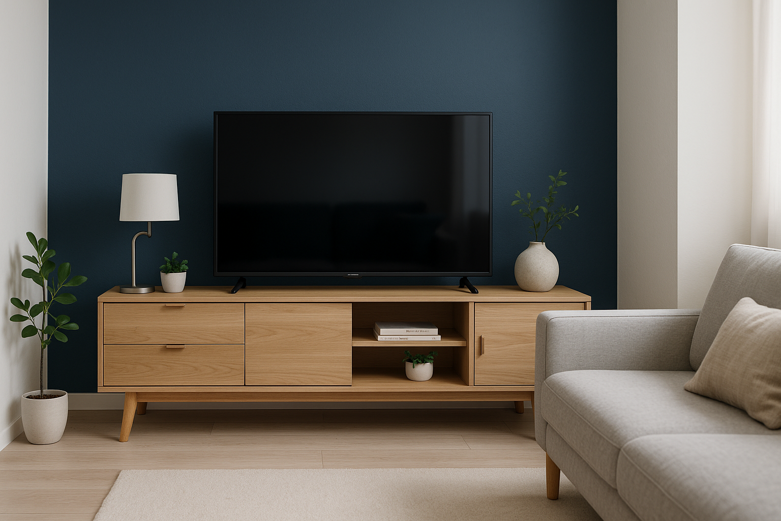 Moderne woonkamer met tv-meubel in Scandinavische stijl met een blauwe accentmuur erachter.