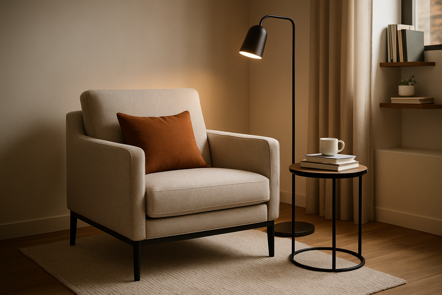 Moderne leeshoek met comfortabele fauteuil met daarop een bruin sierkussen.