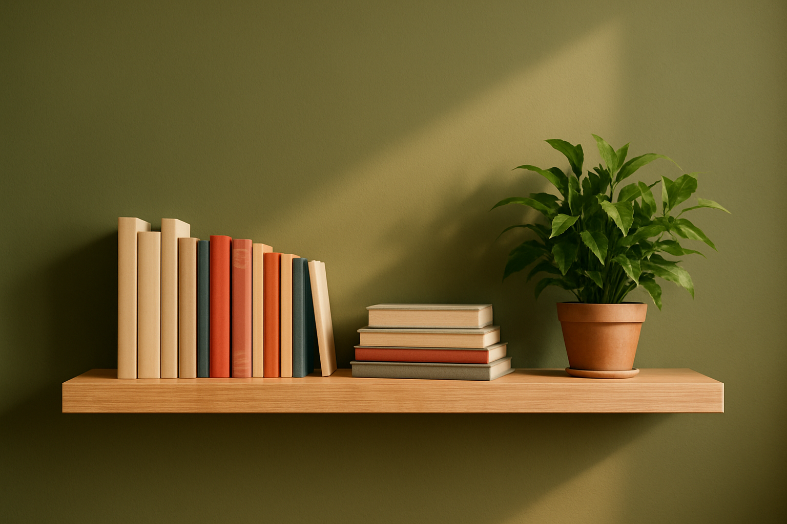 Olijfgroene muur met een lichte houten zwevende wandplanken met boeken en een plant erop.