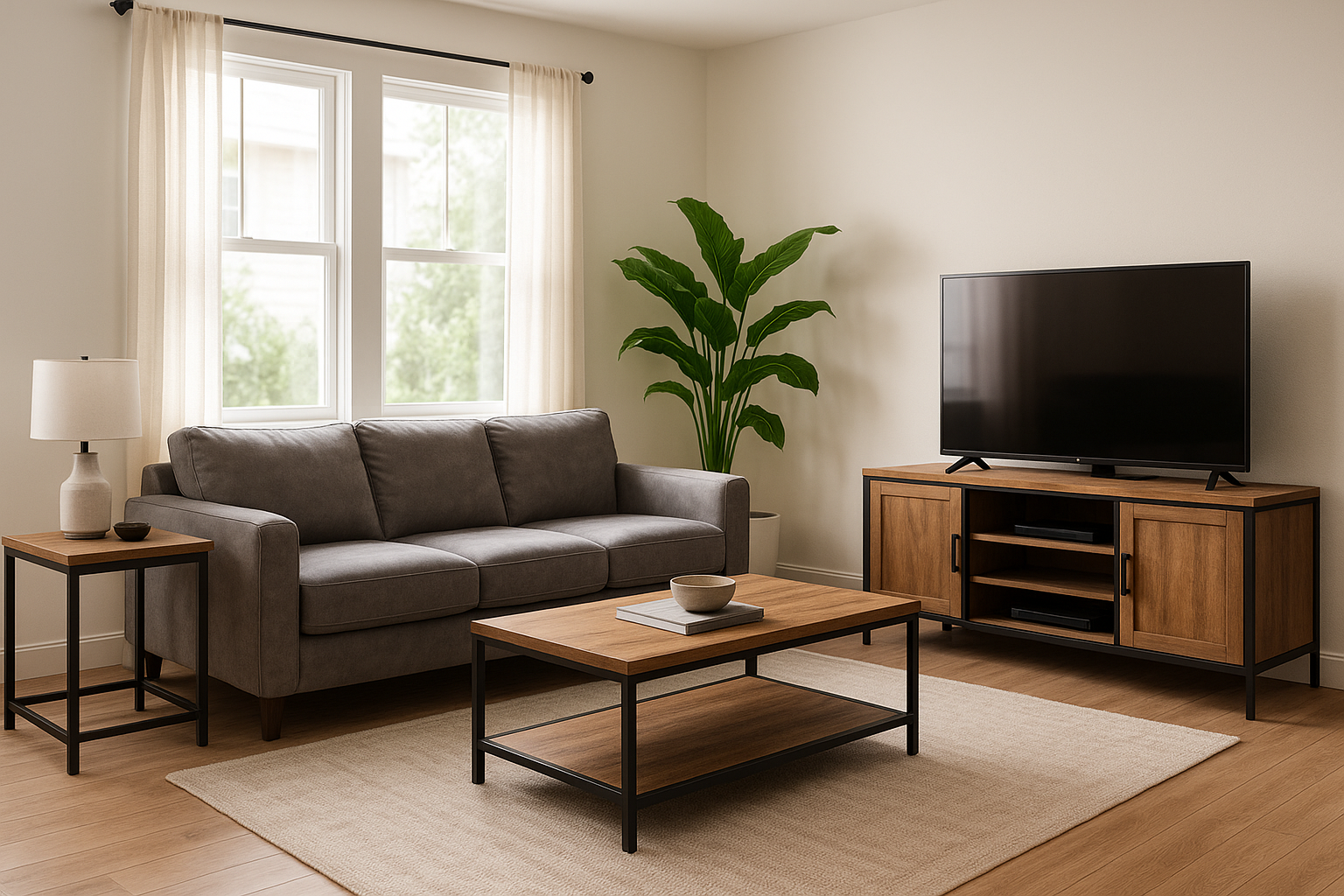 Moderne comfortabele woonkamer met een grijze microvezelbank. Een industrieel sidetable, salontafel en tv-meubel gemaakt van hout en zwart metaal.