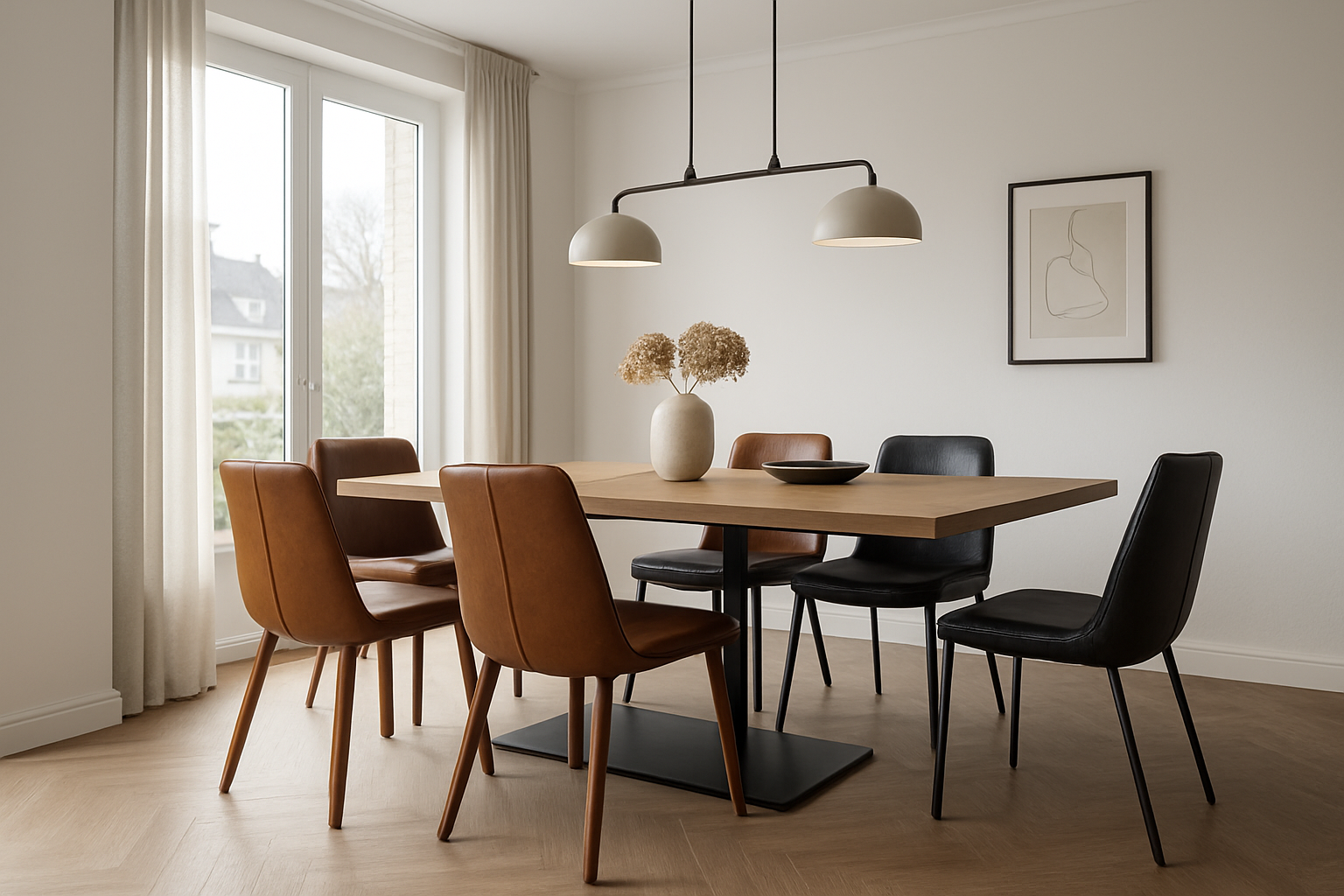 Realistische moderne eetkamer met leren eetkamerstoelen van De Friese Meubeljongens rond een eetkamertafel van 220 cm.