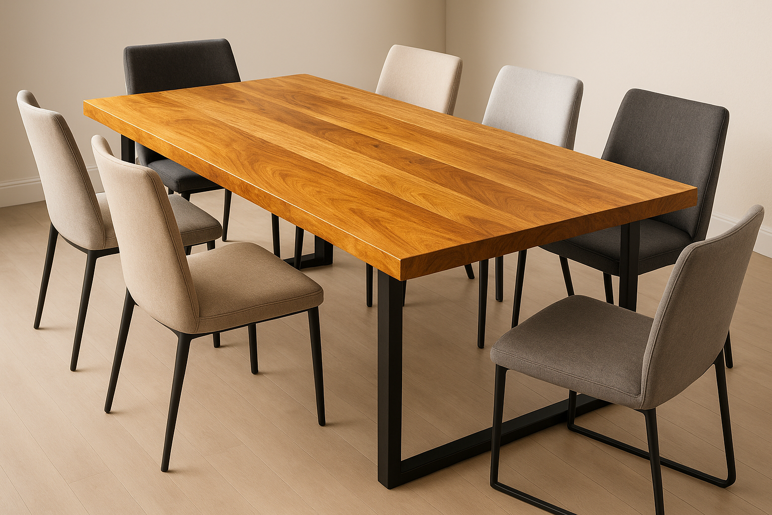 rechthoekige mangohouten eetkamertafel van 160 cm met zwarte poten en 6 moderne stoelen.