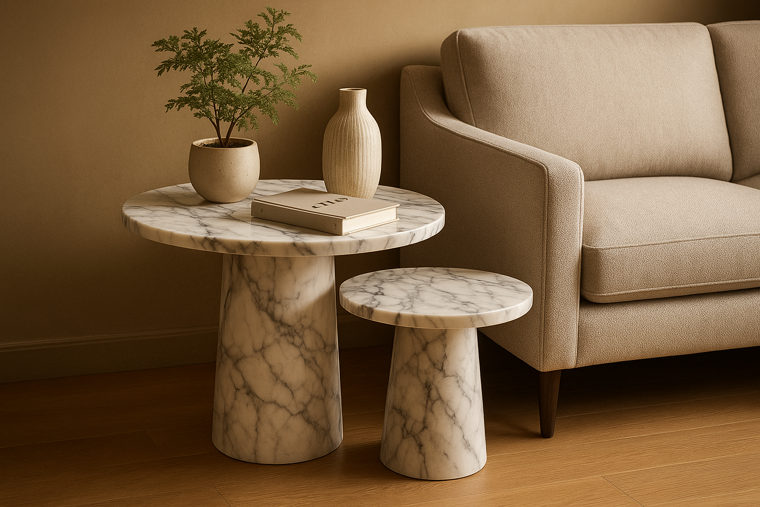 set van 2 ronde moderne luxe marmeren bijzettafels met decoraties op het blad naast de armleuning van een moderne bank.