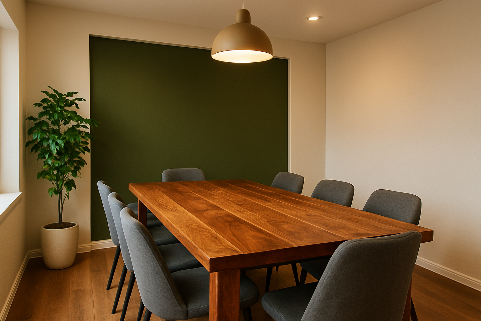 kleine eetkamer met een olijfgroene accentmuur en een grote rechthoekige eetkamertafel van 240 van mangohout met 6 moderne grijze comfortabele stoelen en een plant in de hoek.