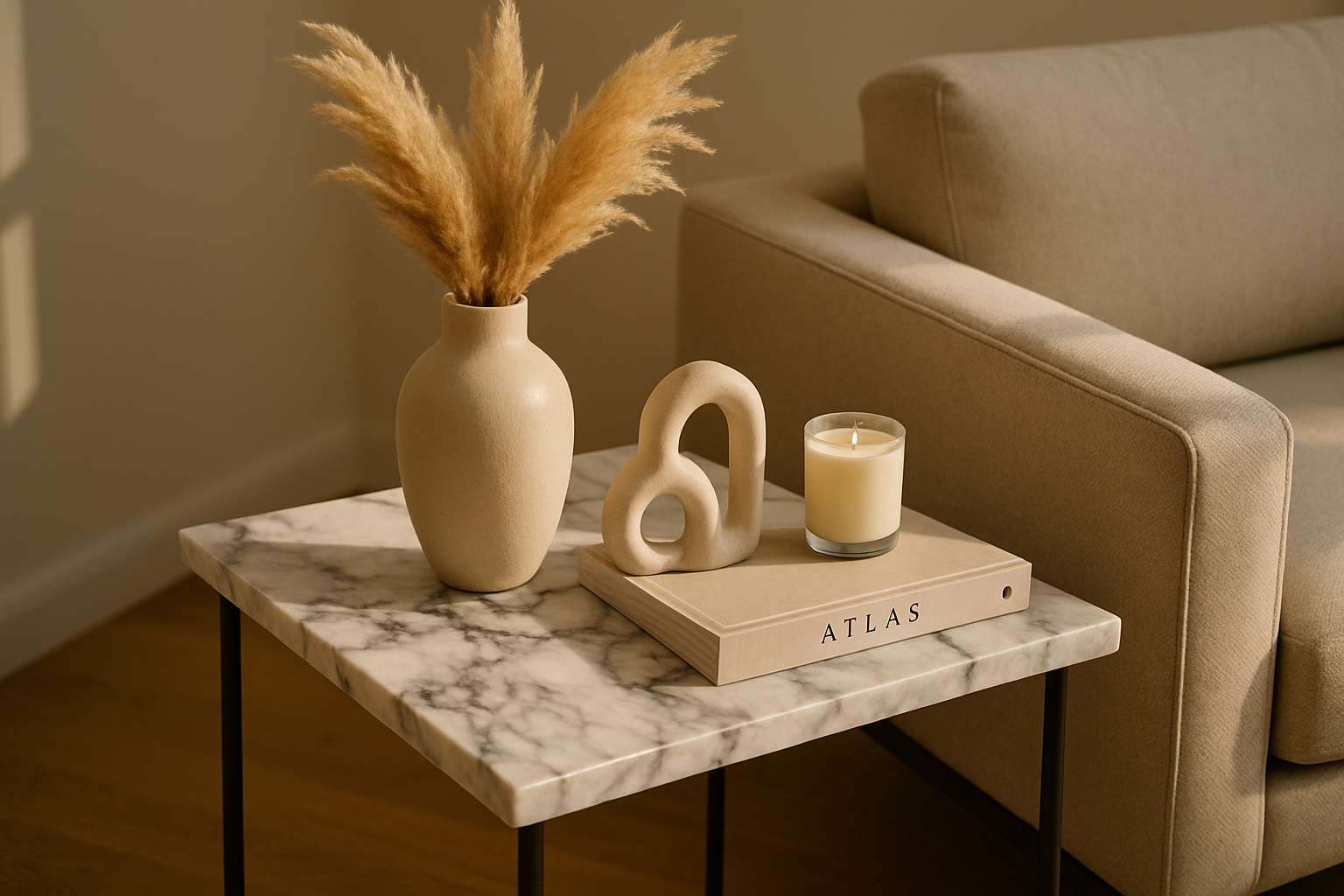 Trendy marmeren bijzettafel met wat decoraties erop naast de arm van een beige bank.