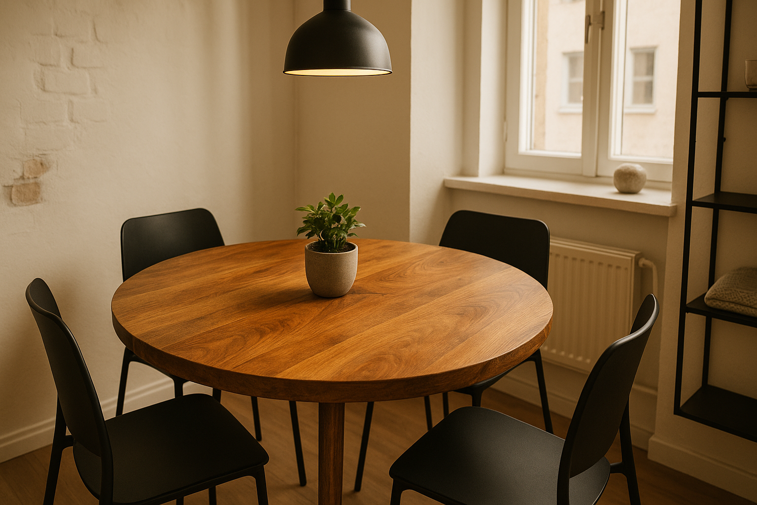 ronde eettafel 130 cm van mango hout met 4 moderne plastic eetkamerstoelen er omheen in een kleine eethoek.