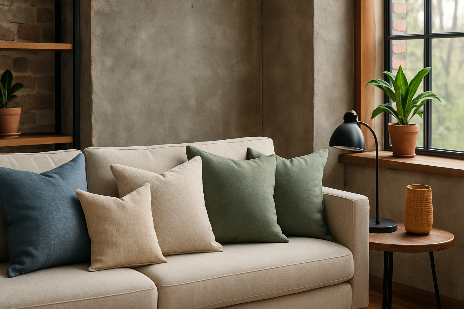Meerdere sierkussen sets blauw, wit, en groen op een beige bank in een modern industrieel interieur.