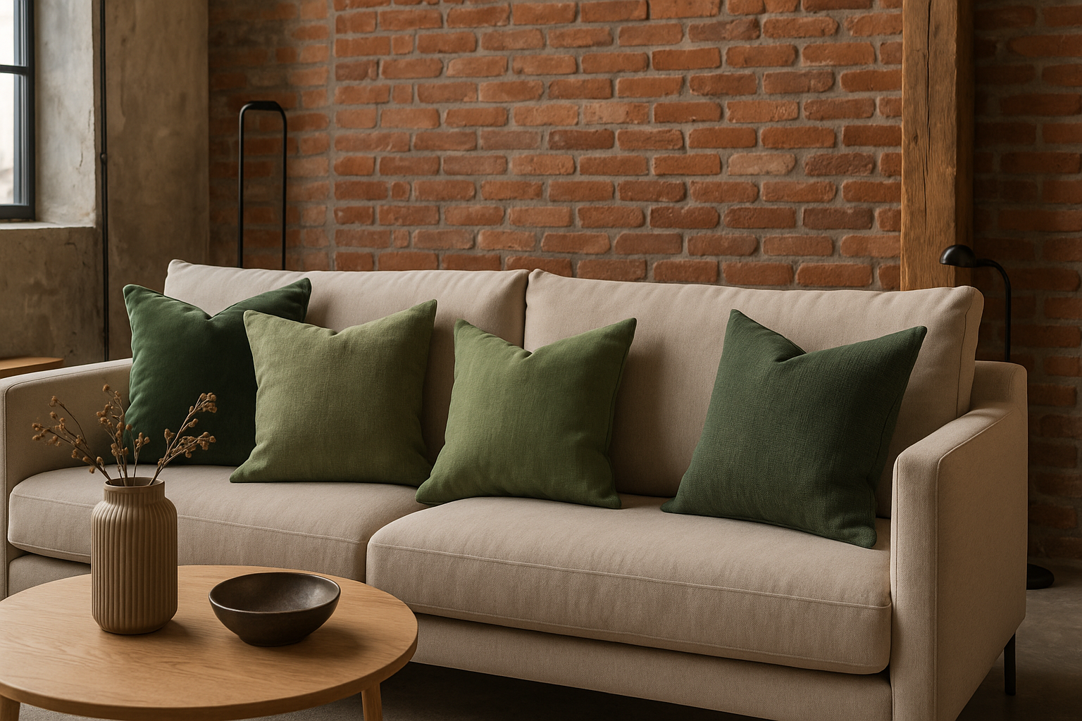 Industriële woonkamer met beige banken met sierkussen in groen.