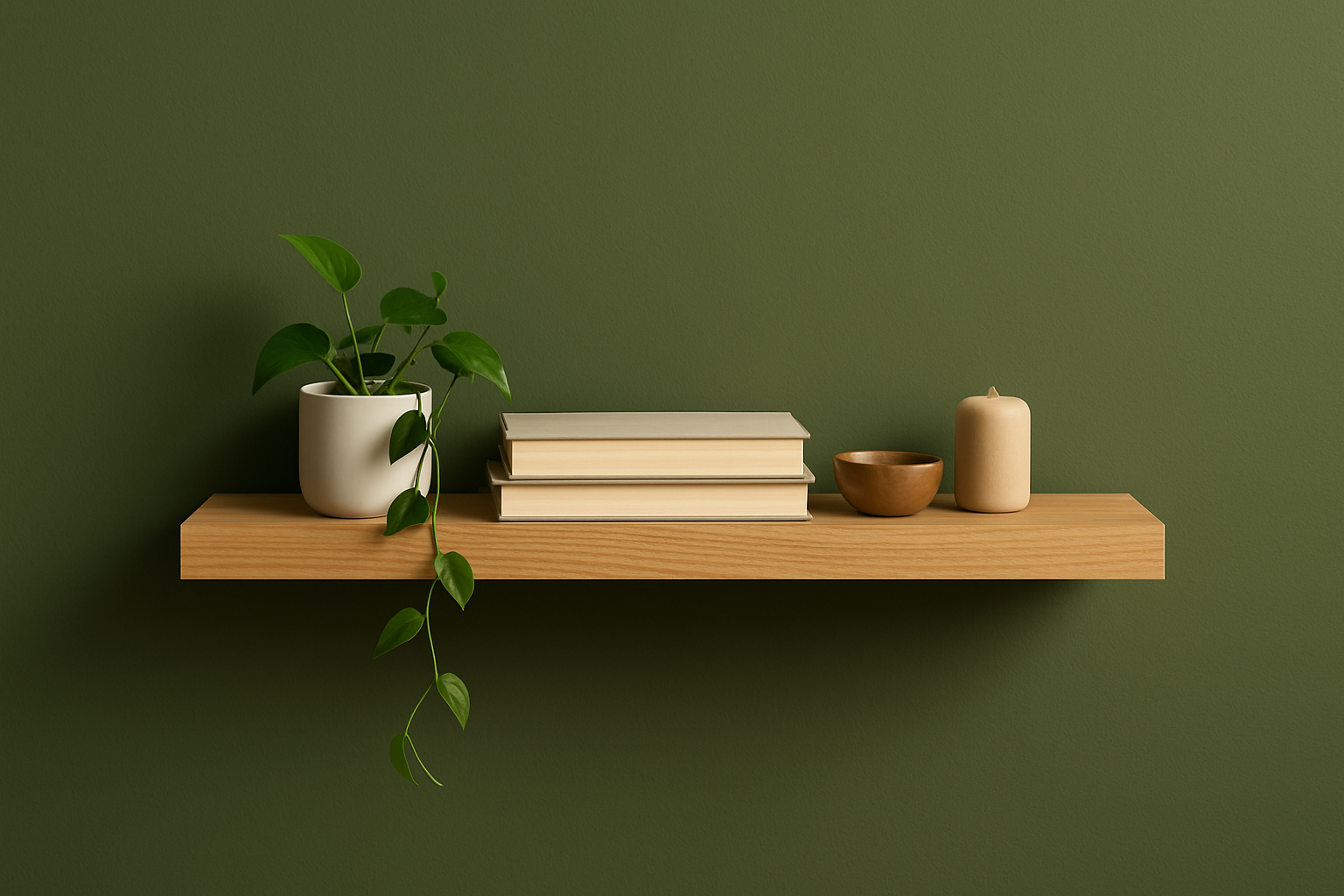 1 dunne wandplank met decoraties bovenop een olijfgroene muur, wandrekken mangohout van De Friese Meubeljongens.