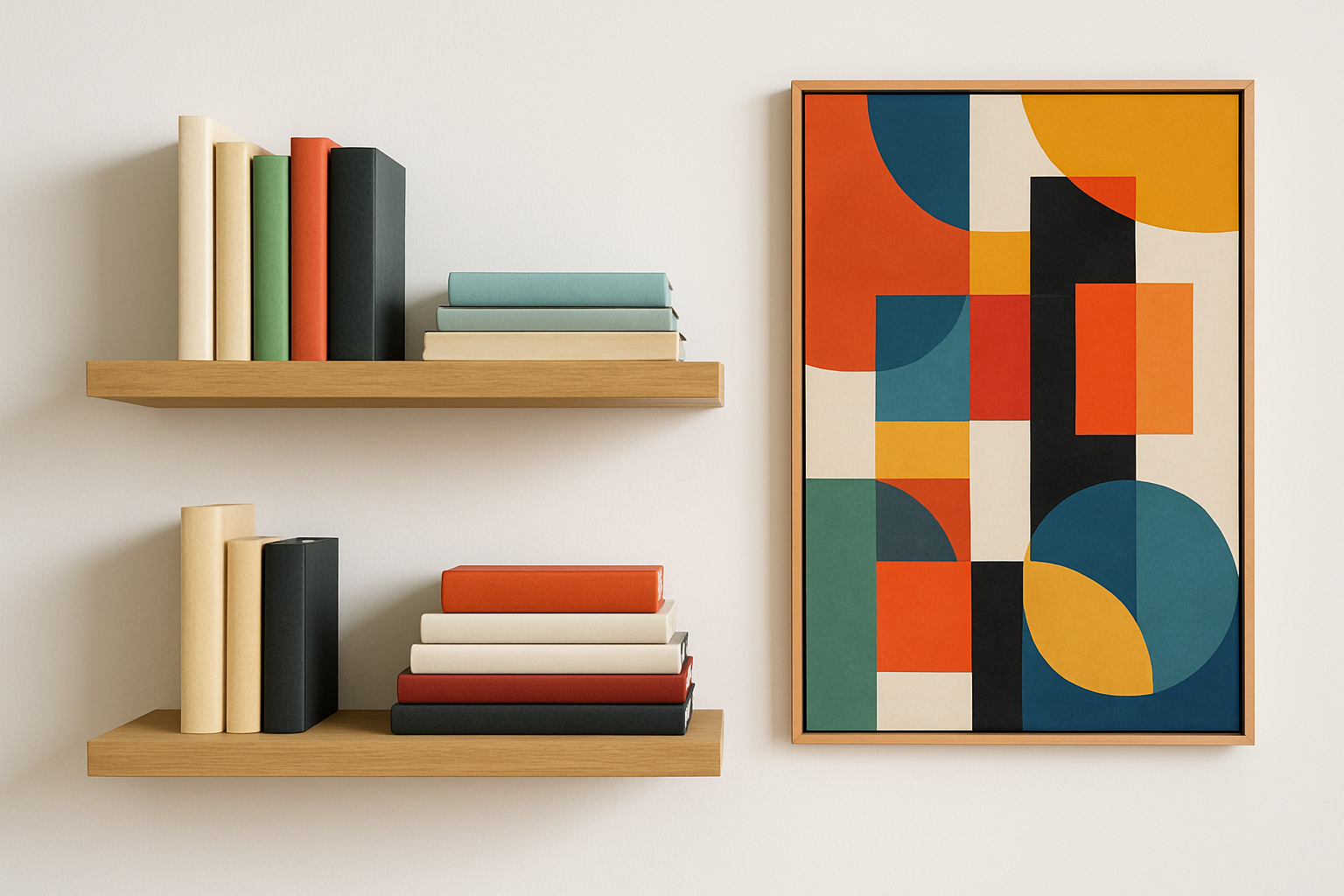 2 zwevende boekenplanken van licht hout aan een witte muur met boeken en ernaast een modern schilderij.
