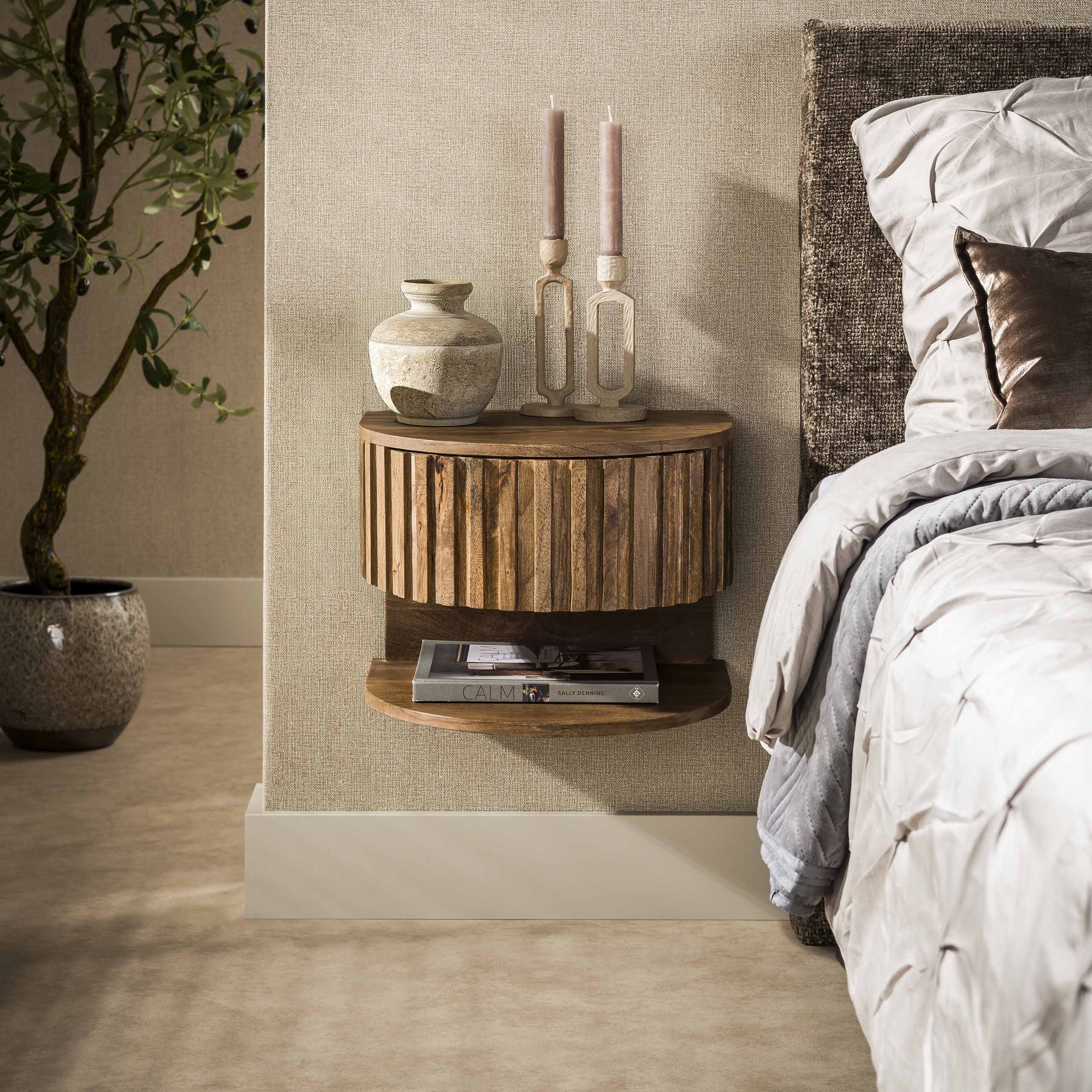 Nachtkastje Ridge Shelve Zwevend 1 Lade Massief Mango Zand