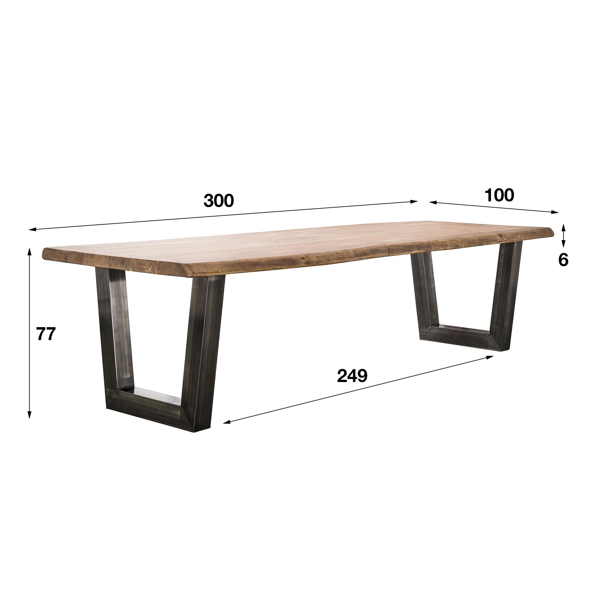 Eetkamertafel 300Cm Stam In 60Mm Dik Massief Acacia Met Trapezium Vormig Frame In 10X10Cm Zwart Geschuurd Rvs Massief Acacia Naturel