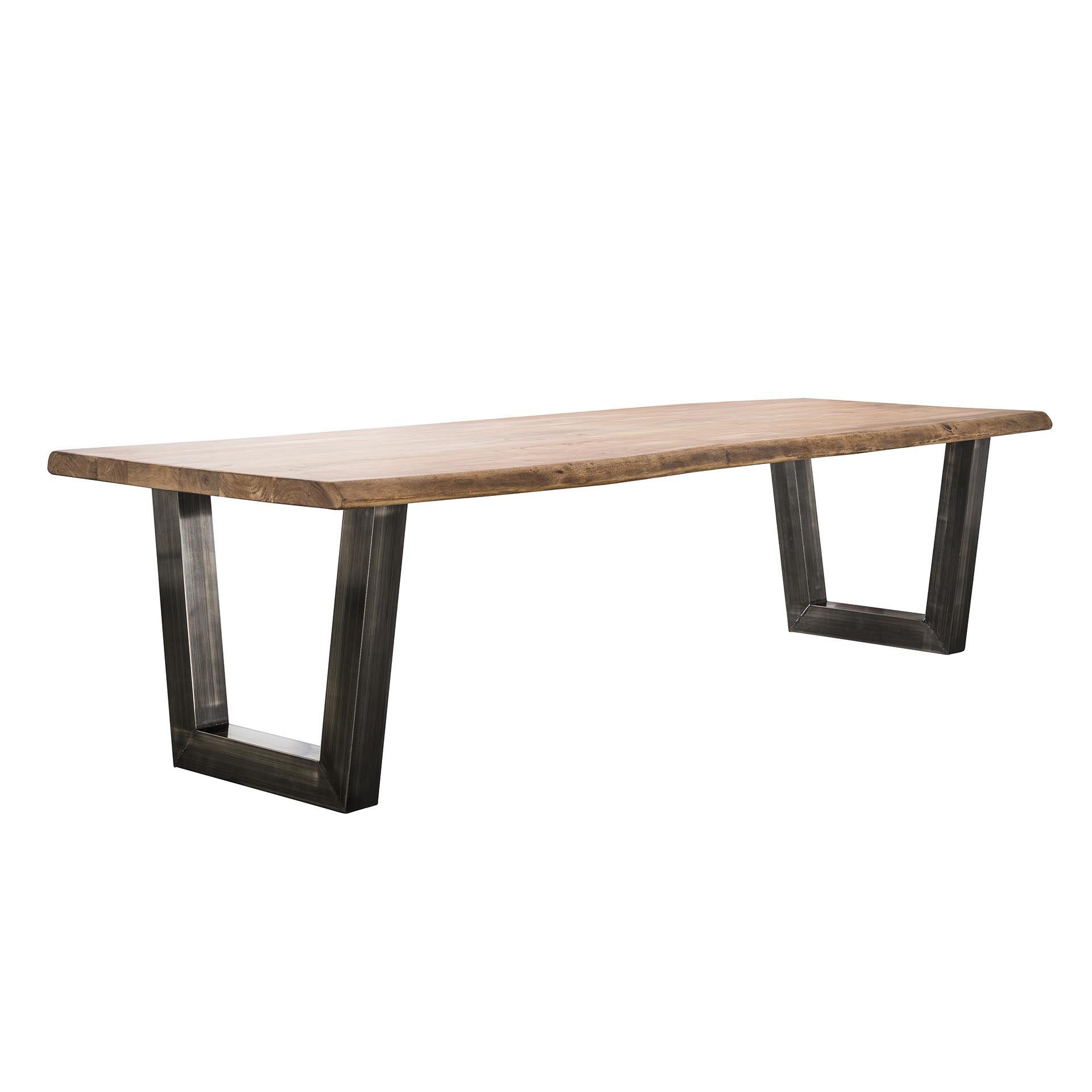 Eetkamertafel 300Cm Stam In 60Mm Dik Massief Acacia Met Trapezium Vormig Frame In 10X10Cm Zwart Geschuurd Rvs Massief Acacia Naturel