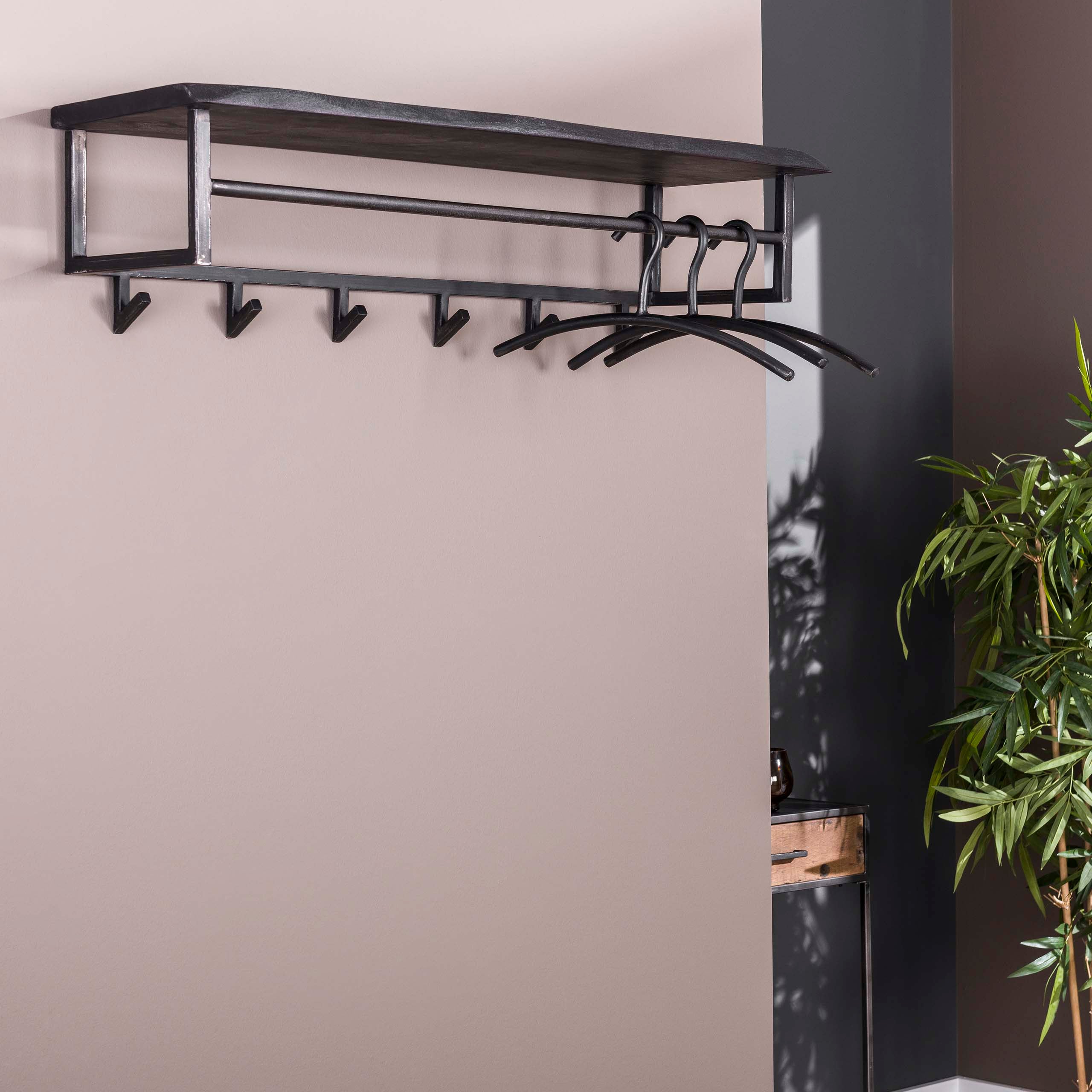 Kapstok Yucon 6 Haken Hoedenplank Massief Acacia Zwart