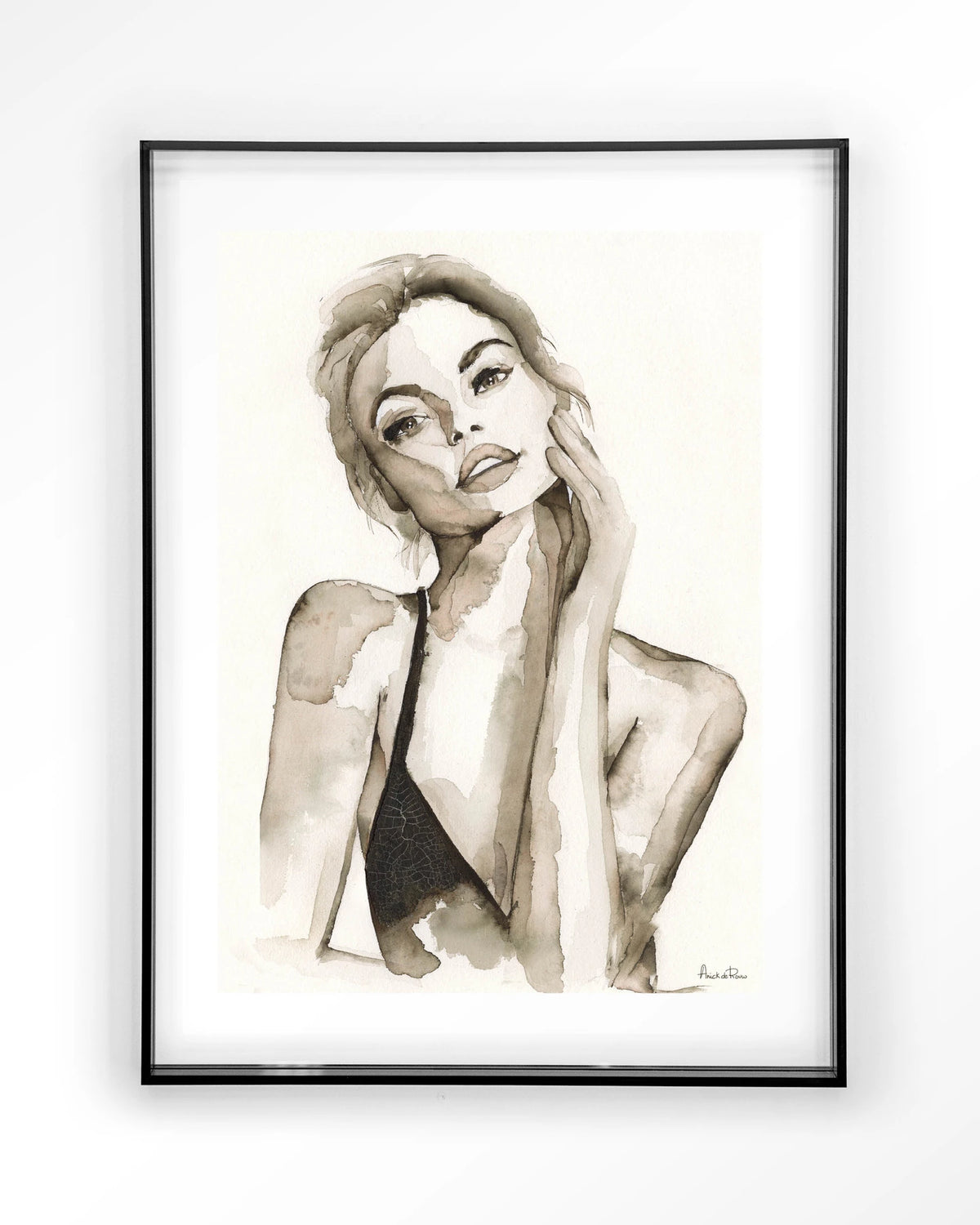 A Woman's Face – portret van een vrouw in sepia aquarel – Art print – Acryl zwart