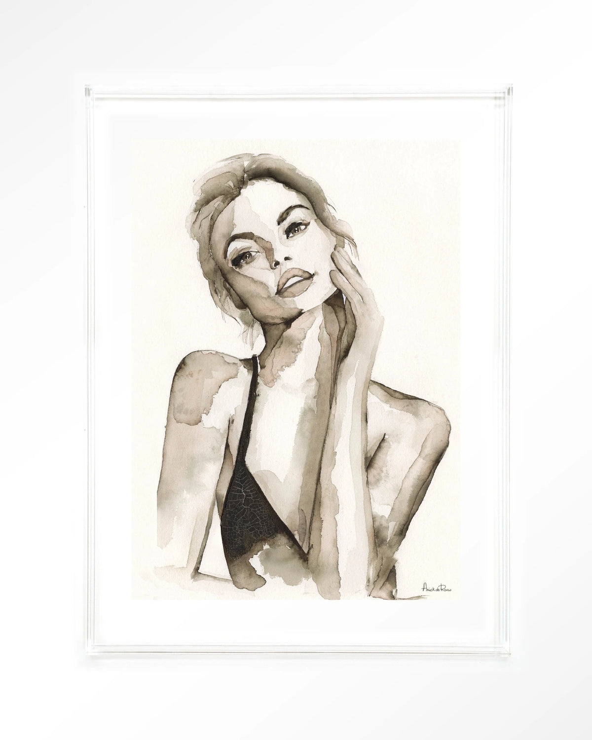 A Woman's Face – portret van een vrouw in sepia aquarel – Art print – Acryl doorzichtig