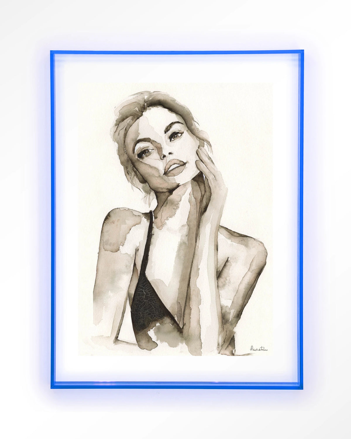 A Woman's Face – portret van een vrouw in sepia aquarel – Art print – Acryl lichtblauw